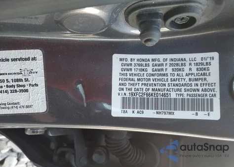 2019 Honda Civic Lx z USA, uszkodzony, nr VIN 19XFC2F66KE014651